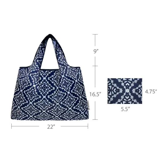 Wrapables Large Foldable Tote Nylon Reusable Grocery Bags, Navy Deco {2}