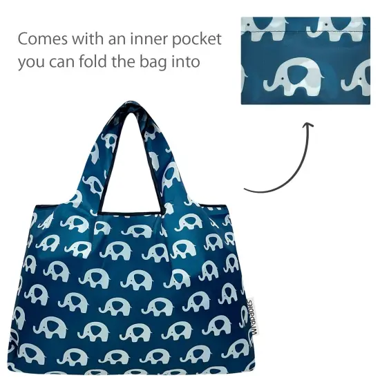 Wrapables Large & Small Foldable Tote Nylon Reusable Grocery Bags, Set of 2, Happy Elephants {5}