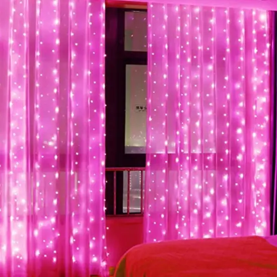 Perfect Holiday 300 LED Curtain String Lights Plug In - 8 Light Modes Pink {3}