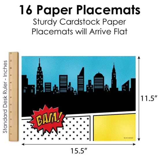 Big Dot of Happiness Bam Superhero - Party Table Decorations - Baby Shower or Birthday Party Placemats - Set of 16 {6}