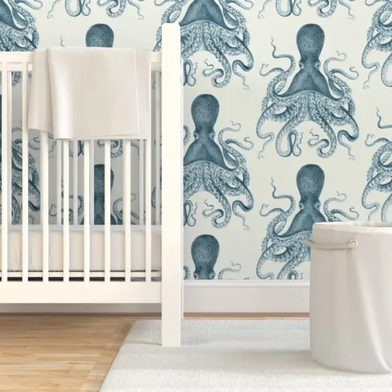 Pre-Pasted Wallpaper 2FT Wide Octopus Sea Coastal Nautical Vintage Beach Summer Animal Custom Pre-pasted Wallpaper by Spoonflower {7}