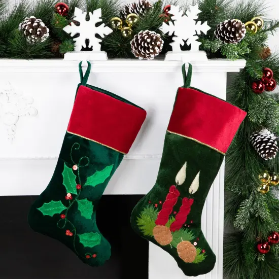 Northlight 20" Dark Green and Burgundy Candle and Pine Cone Velveteen Christmas Stocking {3}