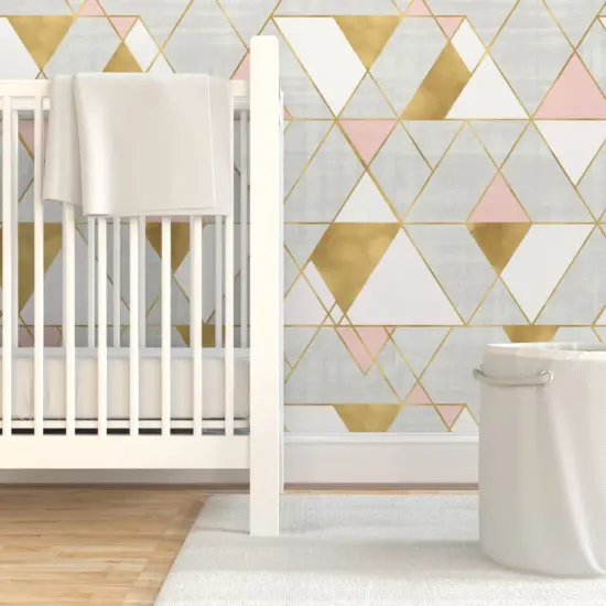 Pre-Pasted Wallpaper 2FT Wide Mod, Triangle, Geometric, Gold, Blush, Pink, Neutral, Modern Custom Pre-pasted Wallpaper by Spoonflower {7}