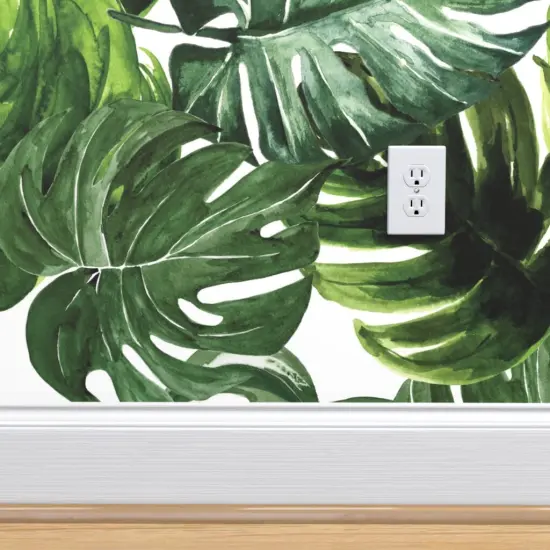 Peel & Stick Wallpaper 2FT Wide Large Scale Monstera Leaves Tropical Rainforest Jungle Green Leaf Custom Removable Wallpaper by Spoonflower {4}