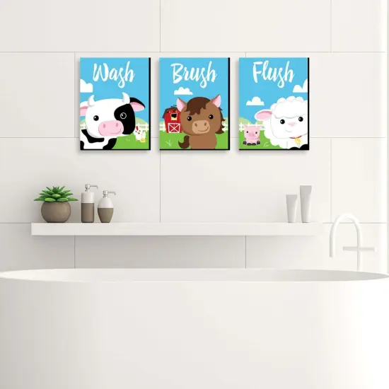 Big Dot of Happiness Farm Animals - Barnyard Kids Bathroom Rules Wall Art - 7.5 x 10 inches - Set of 3 Signs - Wash, Brush, Flush {3}