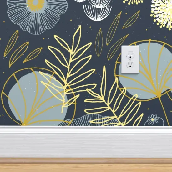 Pre-Pasted Wallpaper 2FT Wide Mod Firefly Botanical Blooms Night Garden Dark Meadow Midcentury Modern Custom Pre-pasted Wallpaper by Spoonflower {4}