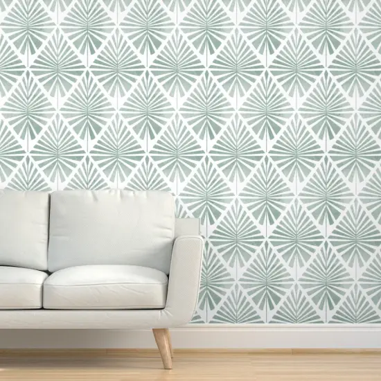 Peel & Stick Wallpaper 2FT Wide Boho Geo Tropical Beach House Summer Eucalyptus Sage Green Coastal Geometric Diamond Palms Custom Removable Wallpaper by Spoonflower {5}