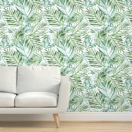 Peel & Stick Wallpaper 2FT Wide Watercolor Tropical Palm Leaf Green Jungle Exotic Plant Custom Removable Wallpaper by Spoonflower {5}