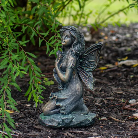 Northlight Set of 2 Bronze Kneeling Fairies With Flowers and a Butterfly Outdoor Garden Statues - 7" {3}