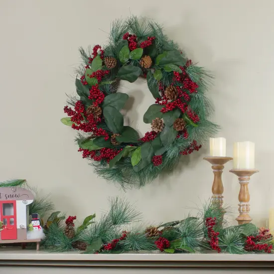 Northlight Leaves, Berry and Pine Needle Artificial Christmas Wreath - 24-Inch, Unlit Green {3}