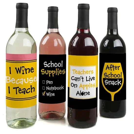 Big Dot of Happiness Best Teacher Gift - Teacher Appreciation First and Last Day of School or Christmas Gift - Wine Bottle Label Stickers - Set of 4 {1}