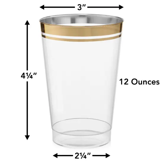 100 Pk 12 oz Clear Plastic Cups | Gold Rimmed Disposable Cups {3}