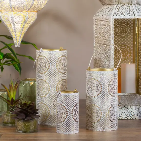 Northlight Set of 3 White and Gold Moroccan Style Pillar Candle Lanterns 10" {3}