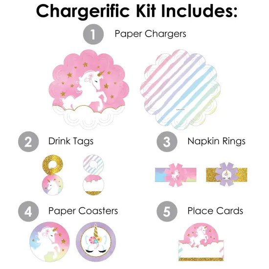 Big Dot of Happiness Rainbow Unicorn - Magical Unicorn Baby Shower or Birthday Party Paper Charger & Table Decorations Chargerific Kit for 8 {4}