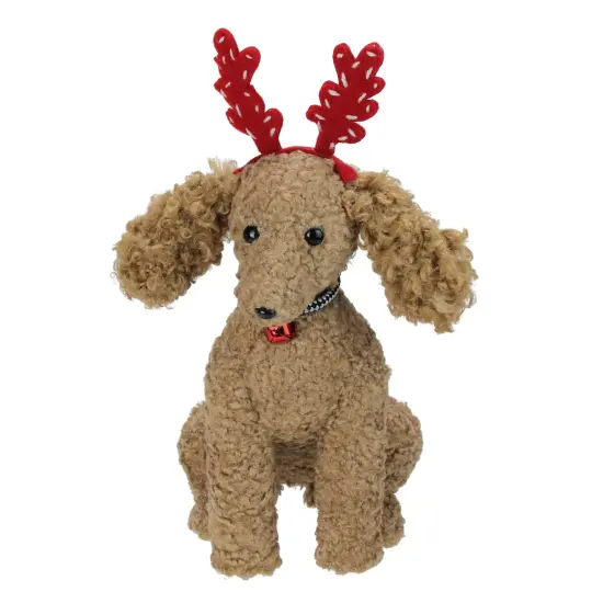Northlight Plush Poodle Puppy with a Jingle Bell Collar and Antlers Christmas Figure - 14.5" Brown {1}