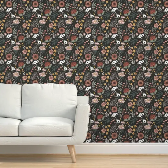 Peel & Stick Wallpaper 2FT Wide Dark Boho Floral Mustard Bohemian Sage Green Botanical Dusty Rose Earthtone Earthy Colors Autumn Floral Boho On Black Custom Removable Wallpaper by Spoonflower {5}