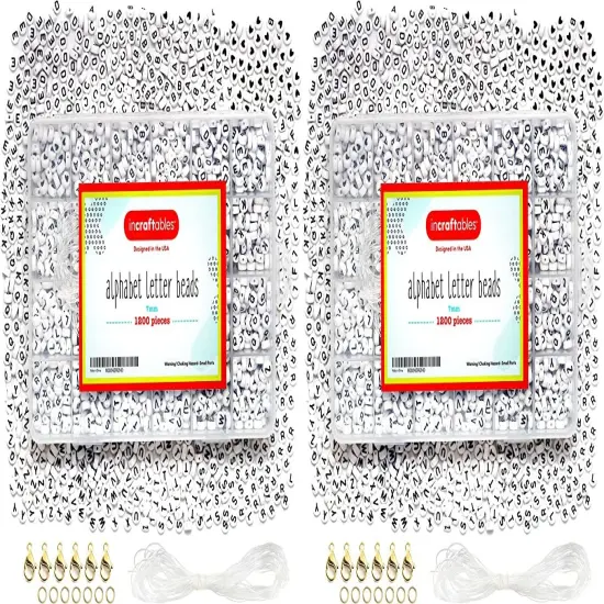 2 PACK - Incraftables 1200pcs Round Letter Beads for Jewelry Making (7mm). A-Z Letters Black Alphabet for DIY Friendship Bracelets & Crafts. ABC Circle & Heart Bead w/ Elastic String, Clasps & Organizer {1}