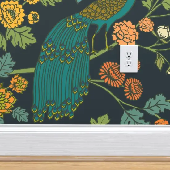 Pre-Pasted Wallpaper 2FT Wide Chinoiserie Emerald Peacock Garden Rococo Morris Peacock Bird Art Nouveau Peacocks European Custom Pre-pasted Wallpaper by Spoonflower {4}