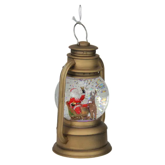 Roman 8" LED Lighted Santa and Sleigh Christmas Lantern Snow Globe Gold {3}