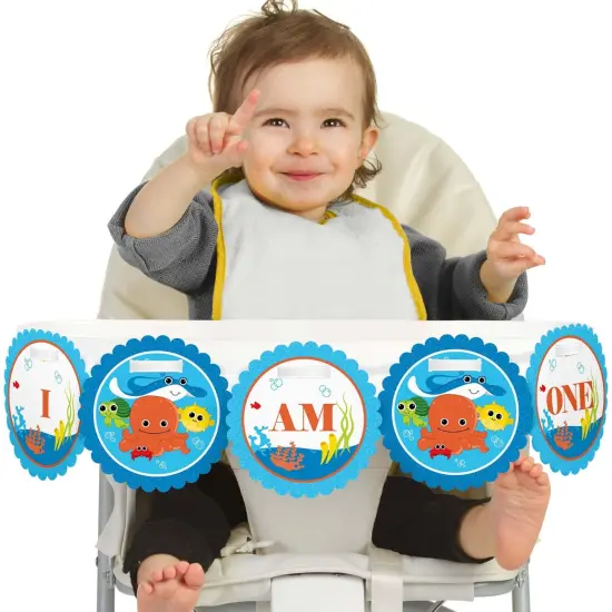 Big Dot of Happiness Under the Sea Critters 1st Birthday Highchair Decor - I Am One - First Birthday High Chair Banner {1}