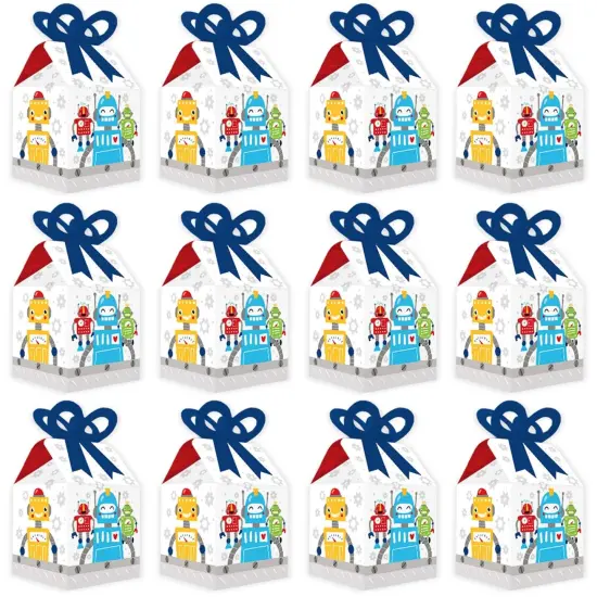 Big Dot of Happiness Gear Up Robots - Square Favor Gift Boxes -Birthday Party or Baby Shower Bow Boxes - Set of 12 {6}