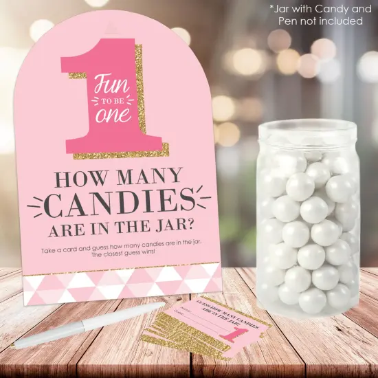 Big Dot of Happiness 1st Birthday Girl - Fun to be One - How Many Candies First Birthday Party Game - 1 Stand and 40 Cards - Candy Guessing Game {3}