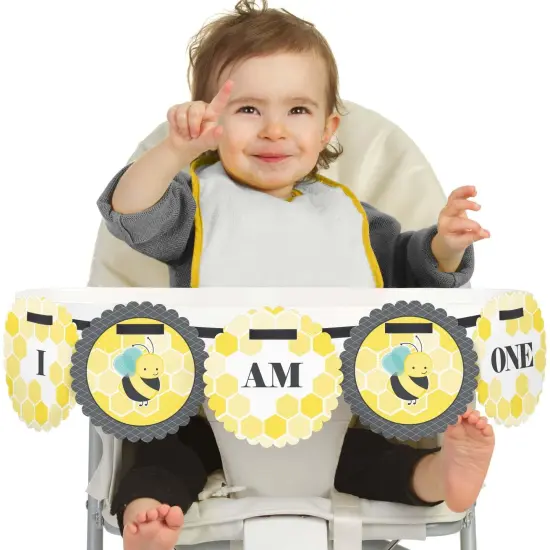 Big Dot of Happiness Honey Bee 1st Birthday Highchair Decor - I Am One - First Birthday High Chair Banner {1}