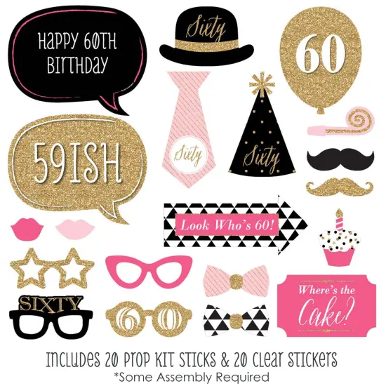 Big Dot of Happiness Chic 60th Birthday - Pink, Black and Gold - Photo Booth Props Kit - 20 Count {3}