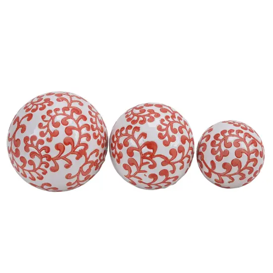 Kingston Living Fern Ceramic Spherical Orbs Tabletop Decor - 6" - Red and White - Set of 3 {1}