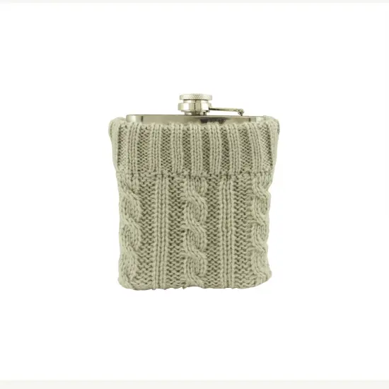Wild Eye Stainless Steel Drinking Flask with Cozy Gray Knit Sweater with Brown Buttons - 7 oz {3}