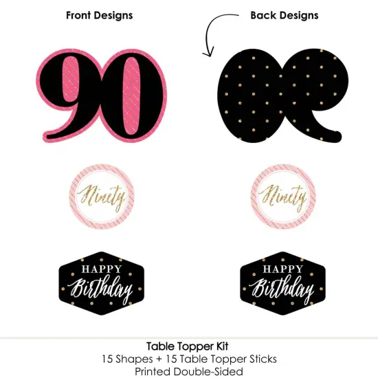 Big Dot of Happiness Chic 90th Birthday - Pink, Black and Gold - Birthday Party Centerpiece Sticks - Table Toppers - Set of 15 {6}