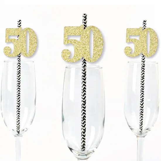 Big Dot of Happiness Gold Glitter 50 Party Straws - No-Mess Real Gold Glitter Cut-Out Numbers & Decorative 50th Birthday Party Paper Straws - 24 Ct {1}