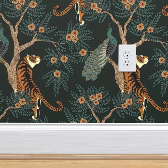 Peel & Stick Wallpaper 2FT Wide Tiger Chinoiserie Bengal Peacock Asian Inspired Dark Teal Orange Romantic Floral Victorian Custom Removable Wallpaper by Spoonflower {4}