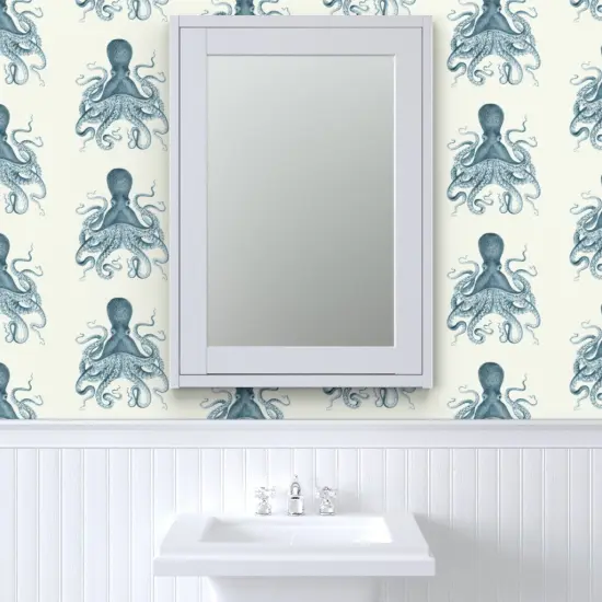 Peel & Stick Wallpaper 2FT Wide Octopus Sea Illustration Vintage Squid Nautical Coastal Ocean Beach Custom Removable Wallpaper by Spoonflower {6}