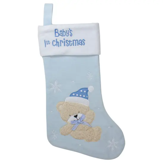 Northlight Baby's 1st Christmas Embroidered Teddy Bear Stocking - 19" - Blue and White {3}