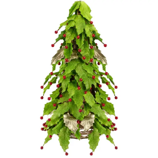 Roman Holly Leaves and Berries Artificial Christmas Cone Tree - Unlit - 18" Red {1}