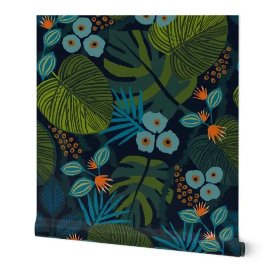 Peel & Stick Wallpaper 2FT Wide Tropical Fun Blue Green Teal Flora Custom Removable Wallpaper by Spoonflower {7}