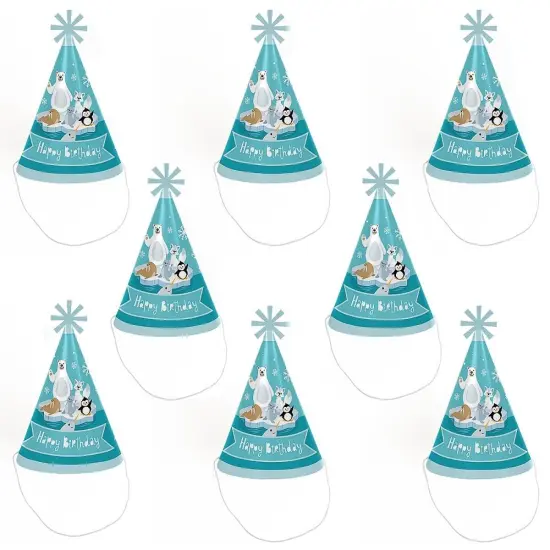 Big Dot of Happiness Arctic Polar Animals - Cone Happy Birthday Party Hats for Kids and Adults - Set of 8 (Standard Size) {7}