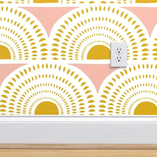 Pre-Pasted Wallpaper 2FT Wide Geometric Blush Gold Scallops Semicircles Art Deco Inspired Mustard Mod Custom Pre-pasted Wallpaper by Spoonflower {4}