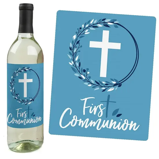 Big Dot of Happiness First Communion Blue Elegant Cross - Boy Religious Party Decorations for Women and Men - Wine Bottle Label Stickers - Set of 4 {3}