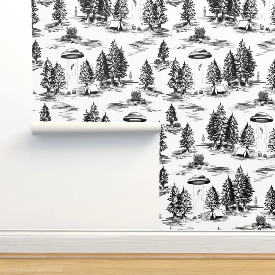 Peel & Stick Wallpaper 2FT Wide Ufo Whimsical Large Scale Black And White Space Alien Custom Removable Wallpaper by Spoonflower {2}