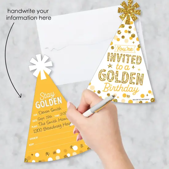 Big Dot of Happiness Golden Birthday - Shaped Fill-In Invitations - Happy Birthday Party Invitation Cards with Envelopes - Set of 12 {3}