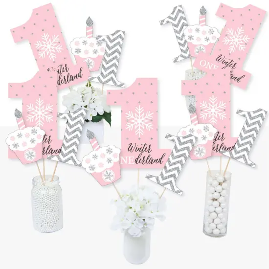 Big Dot of Happiness Pink Onederland - Snowflake Winter Wonderland First Birthday Party Centerpiece Sticks - Table Toppers - Set of 15 {3}