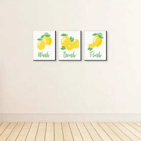 Big Dot of Happiness So Fresh - Lemon - Kids Bathroom Rules Wall Art - 7.5 x 10 inches - Set of 3 Signs - Wash, Brush, Flush {4}