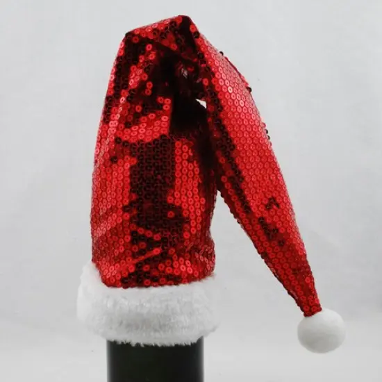 Sterling 21" Red Sequined Santa Claus Hat Wine Bottle Cover with Faux Fur Cuff {1}