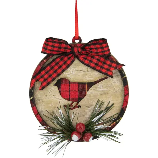 Northlight Plaid Cardinal Disc Christmas Ornament - 4" - Red and Black {1}
