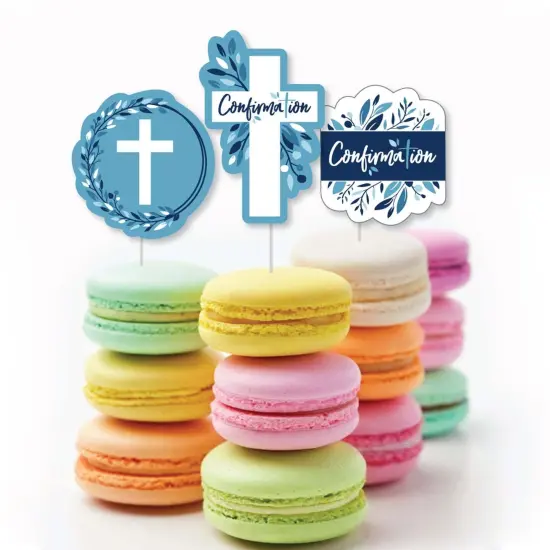 Big Dot of Happiness Confirmation Blue Elegant Cross - Dessert Cupcake Toppers - Boy Religious Party Clear Treat Picks - Set of 24 {6}