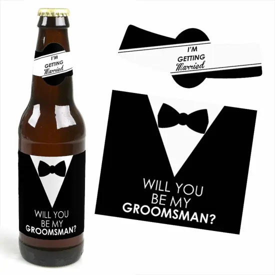 Big Dot of Happiness Suit Up - Will You Be My Groomsman Decorations for Men - 6 Beer Bottle Label Stickers and 1 Carrier {4}