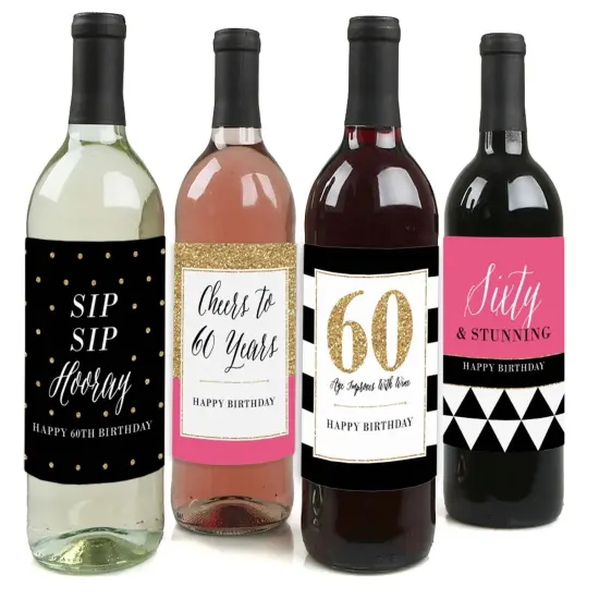 Big Dot of Happiness Chic 60th Birthday - Pink, Black and Gold - Birthday Gift For Women - Wine Bottle Label Stickers - Set of 4 {1}
