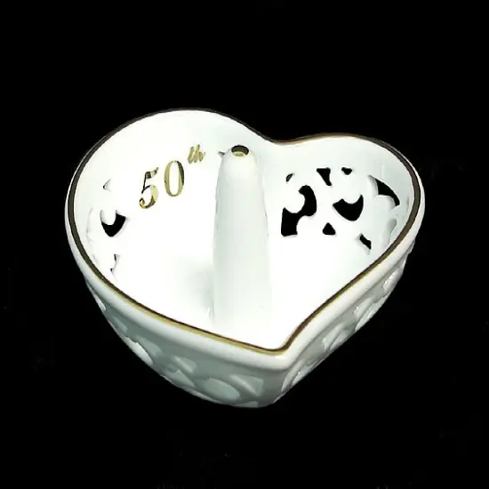 Roman 4" Golden 50th Anniversary Porcelain Heart Shaped Ring Holder #45657 White {1}